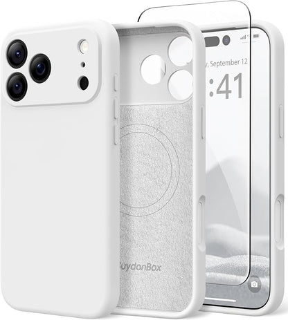 Magnetic for iPhone 17 Pro Case, Compatible with MagSafe, [Full Camera Protection][Screen Protector] Silicone Shockproof Protective Phone Case for iPhone 17 Pro 6.3", White