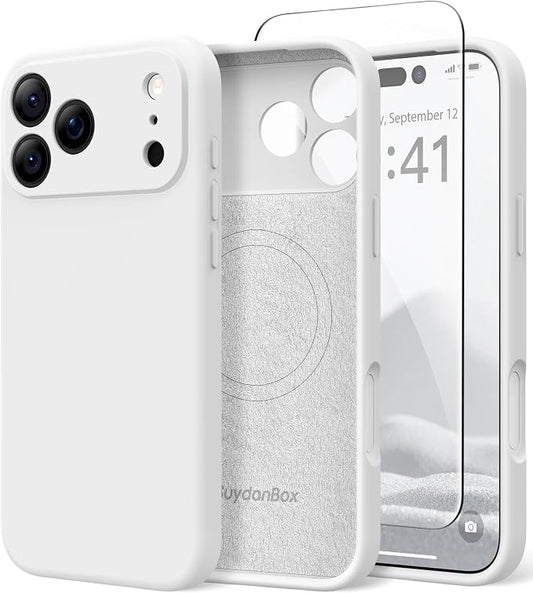 Magnetic for iPhone 17 Pro Case, Compatible with MagSafe, [Full Camera Protection][Screen Protector] Silicone Shockproof Protective Phone Case for iPhone 17 Pro 6.3", White