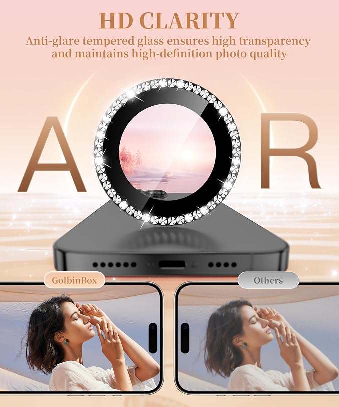 GolbinBox Camera Lens Protector for iPhone 14 Pro/14 Pro Max, 1:1 Invisible Fit, 9H Tempered Glass Ultra HD Metal Individual Camera Cover for Women, Case Friendly, Bling/Black