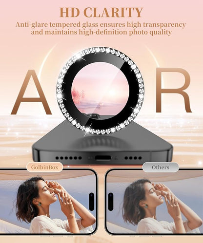 GolbinBox Camera Lens Protector for iPhone 14 Pro/14 Pro Max, 1:1 Invisible Fit, 9H Tempered Glass Ultra HD Metal Individual Camera Cover for Women, Case Friendly, Bling/Black