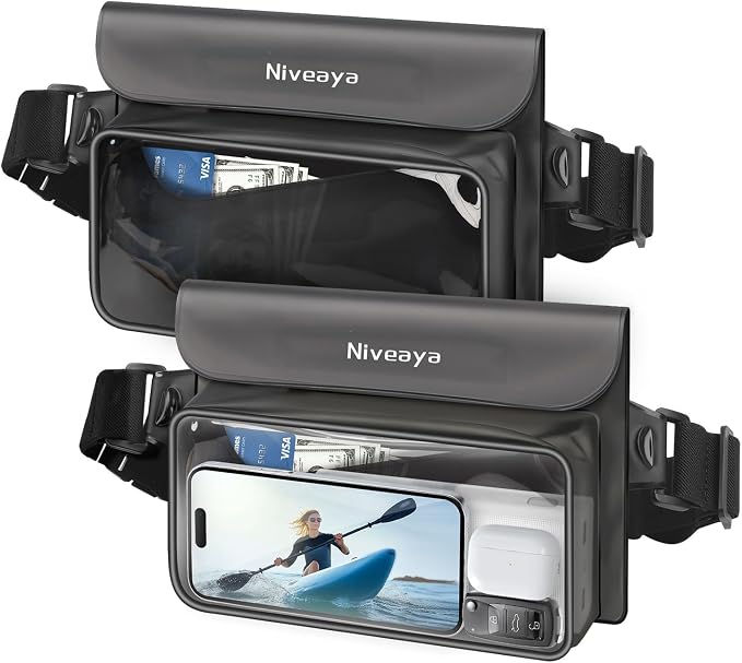 Niveaya IP68 Waterproof Fanny Pack - 2 Pack, Floating Dry Bag Pouch, Phone Waterproof Waist Pouch Dry Bag, Beach, Kayaking, Swimming, Boat Essentials, for iPhone 17/16/15/14/13/12 Pro Max up to 9.5"