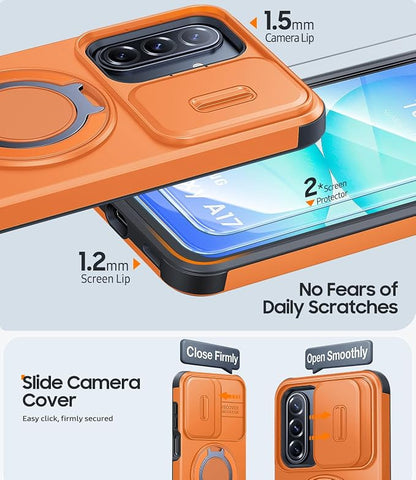 JAME for Samsung Galaxy A17/A16 5G Case, Ring Holder Stand, Slide Camera Cover, 2 Pack Screen Protectors, Dual-Layer Shockproof Protective, Magnetic Accessory Friendly Galaxy A16/A17 4G Case, Orange