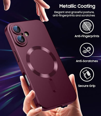Magnetic for iPhone 17 Case [Compatible with MagSafe][Built-in Camera Lens Protector] Slim Thin Soft Silicone Bumper Shockproof Metallic Luster Phone Case (Burgundy)
