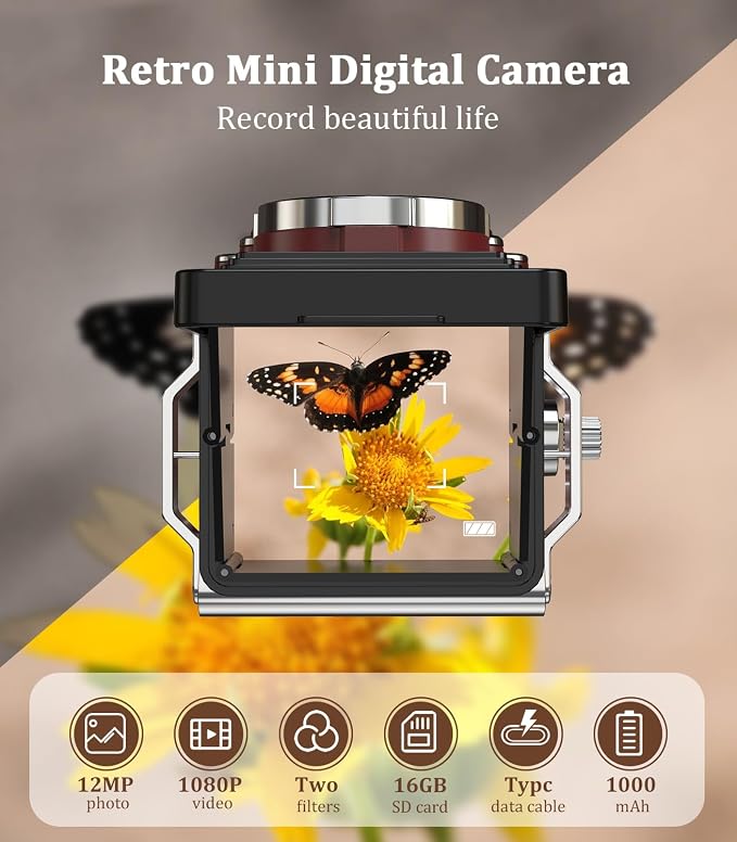 CHUZHAO Digital Camera Retro: Portable TLR Style Twin-Lens Vintage Camera, 12MP Autofocus 1080P FHD Point and Shoot Pocket Vlogging Retro Digital Cameras with16 GB Card for Beginners Boys Girls (Red)