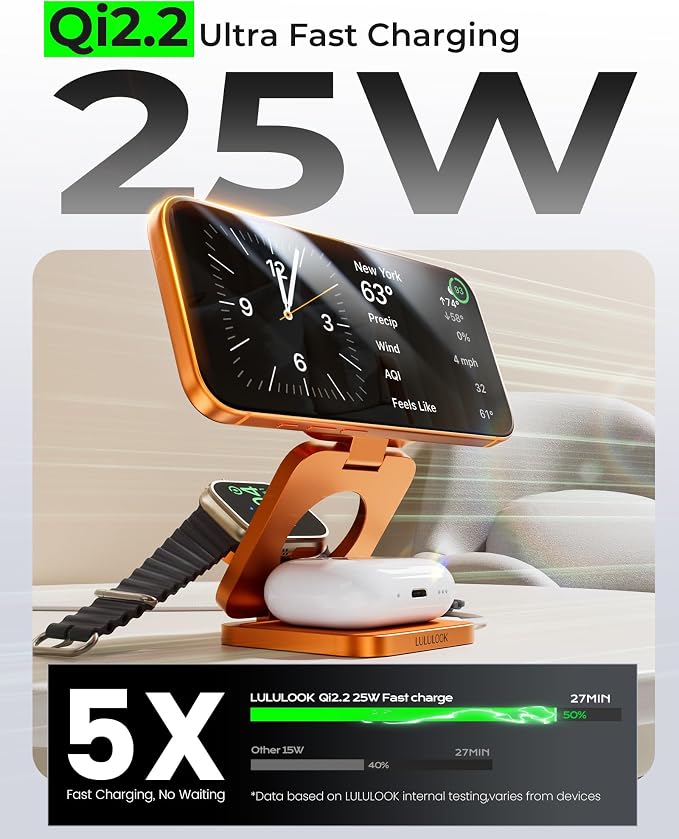 3 in 1 Charging Station for Apple - Qi2.2 25W Magnetic Wireless Charger for iPhone 17/16-12, Apple Watch, AirPods, Travel Fast Charging Foldable Stand with 45W GaN Adapter, Aluminum Alloy Design