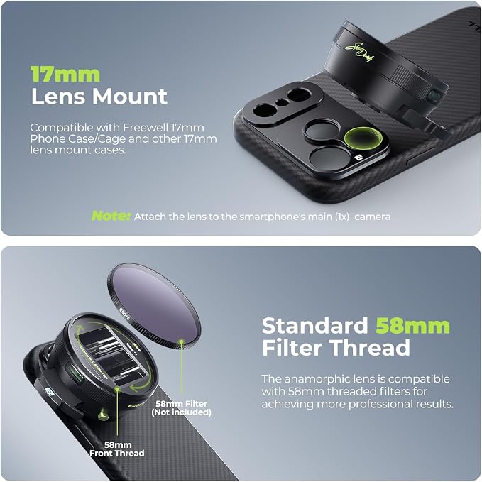 Freewell 1.33x Anamorphic Lens for iPhone & Samsung - 3 Flare Colors in One Lens (Neutral, Gold, Blue) - Cinematic Smartphone Lens with Oval Bokeh - Compatible with 17mm Mount Phone Case & Cage.
