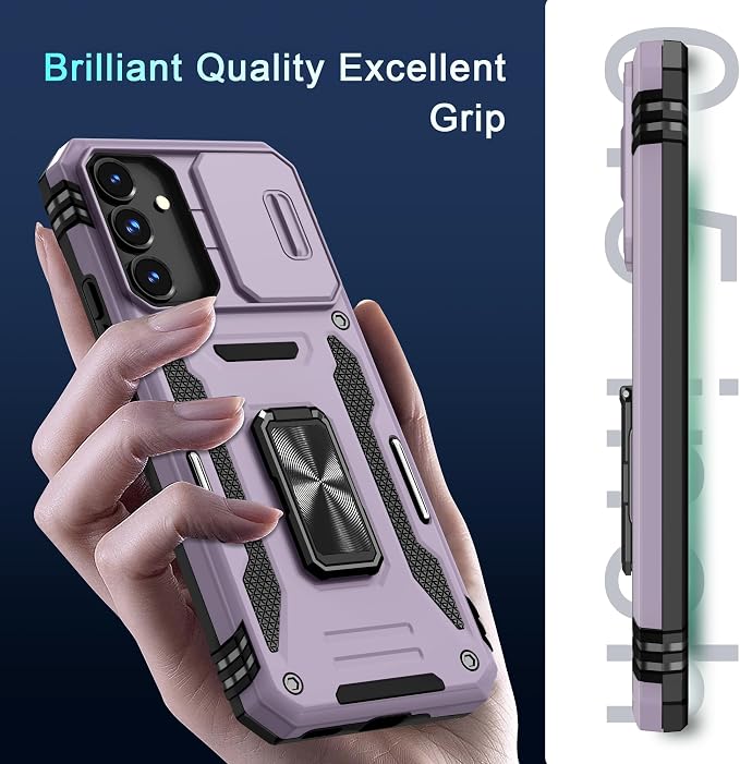DEERLAMN Case for Samsung Galaxy S24 FE 6.7-Inch with Slide Camera Cover+Screen Protector(1 Pack), Rotated Ring Kickstand Military Grade Shockproof Protective Cover-Deep Purple