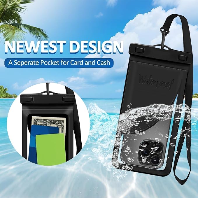 Waterproof Phone Pouch, with Interior Card Pocket, Large Waterproof Phone Case for iPhone 17 16 15 14 Pro Max, IPX8 Lightweigt Cellphone Dry Bag, Beach Cruise Ship Essentials,1 Pack-Black-8.3″