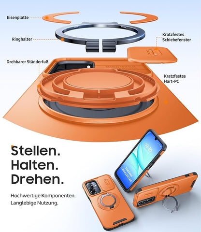 JAME for Samsung Galaxy A17/A16 5G Case, Ring Holder Stand, Slide Camera Cover, 2 Pack Screen Protectors, Dual-Layer Shockproof Protective, Magnetic Accessory Friendly Galaxy A16/A17 4G Case, Orange