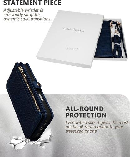 Crossbody Wallet Case for iPhone 17 Pro Max with Mirror, Wrist Strap, Zipper Purse Magnetic Flip, RFID Blocking Card Holder, Wireless Charging, PU Leather Shockproof 6.9" Women (Navy Blue)