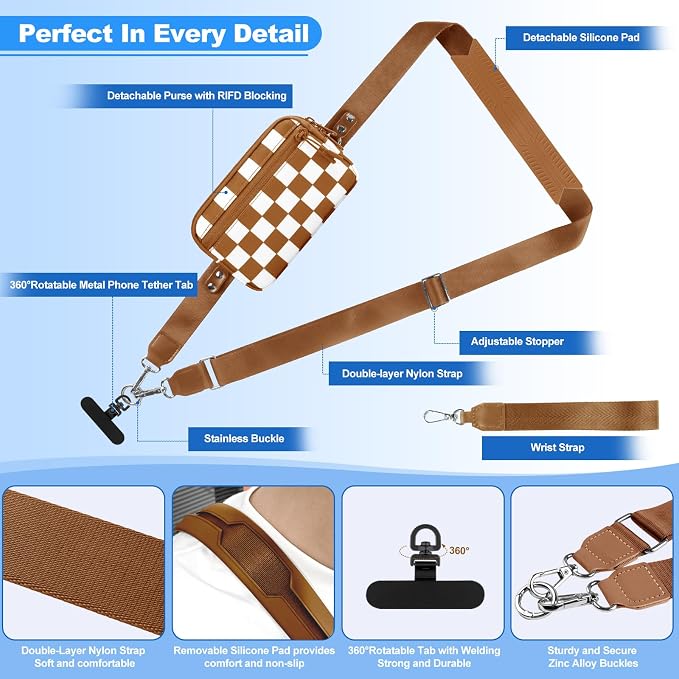YFWE Clip and Go Strap for Phone with Wallet Crossbody, Adjustable Phone Lanyard with Detachable RFID Wristlet Wallet, Phone Strap with Phone Tabs for All Phones, Bronze Checkered (L)