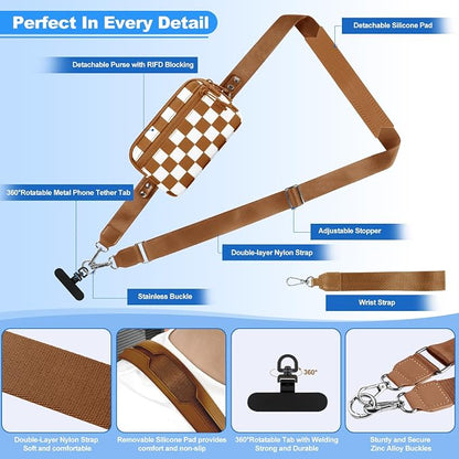 YFWE Clip and Go Strap for Phone with Wallet Crossbody, Adjustable Phone Lanyard with Detachable RFID Wristlet Wallet, Phone Strap with Phone Tabs for All Phones, Bronze Checkered (L)