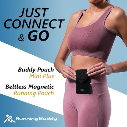 Running Buddy Running Fanny Pack - 6.5 x 4 in, Mini Plus Black - No-Bounce Magnetic Running Phone Holder - Water-Resistant Waist Bag for Men & Women