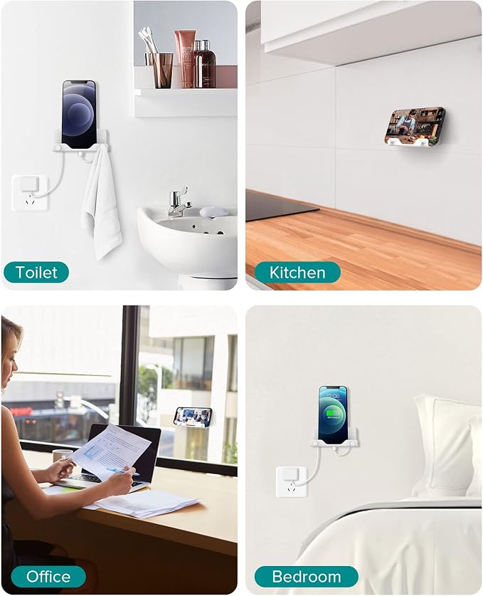 HomeMount Hands Free Wall Mount Phone Holder with Adhesive Strip for Bedroom Living Room Kitchen Compatible with All Phone or Mini ipad White 2PS