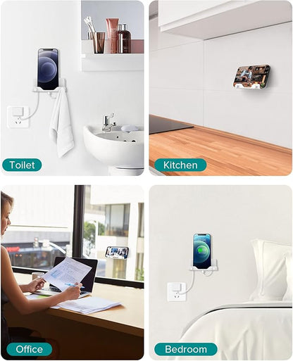 HomeMount Hands Free Wall Mount Phone Holder with Adhesive Strip for Bedroom Living Room Kitchen Compatible with All Phone or Mini ipad White (1PCS)
