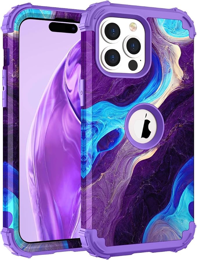 Hocase for iPhone 15 Pro Max Case, Heavy Duty Shockproof Protection Soft Silicone Rubber Bumper+Hard Plastic Hybrid Protective Case for iPhone 15 Pro Max 6.7" 2023 - Blue Purple Marble