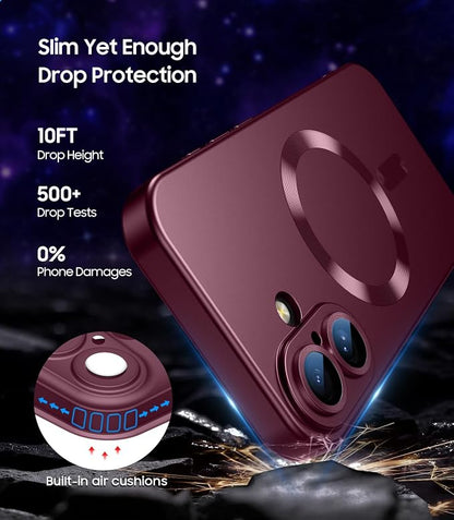 Magnetic for iPhone 17 Case [Compatible with MagSafe][Built-in Camera Lens Protector] Slim Thin Soft Silicone Bumper Shockproof Metallic Luster Phone Case (Burgundy)