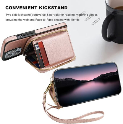 Bocasal RFID Blocking Wallet Case for iPhone 14 Pro Max, Adjustable Crossbody Zipper Purse with Kickstand and Detachable Wrist Strap, PU Leather Flip Folio Case 6.7 Inch 5G (Rose Gold)
