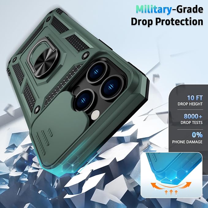 for iPhone 13 Pro Case with Camera Lens Cover, HD Screen Protector, 10 FT Military Grade Drop Protection, Magnetic Ring Holder Kickstand Protective Phone Case for iPhone 13 Pro, Pine Green
