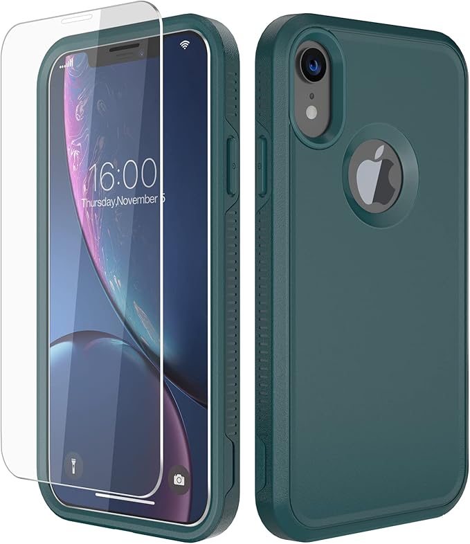 Diverbox for iPhone XR Case [Tempered Glass Screen Protector] [Shockproof] [Dropproof] Heavy Duty Protection Phone Case Cover for Apple iPhone XR (Dark Green)