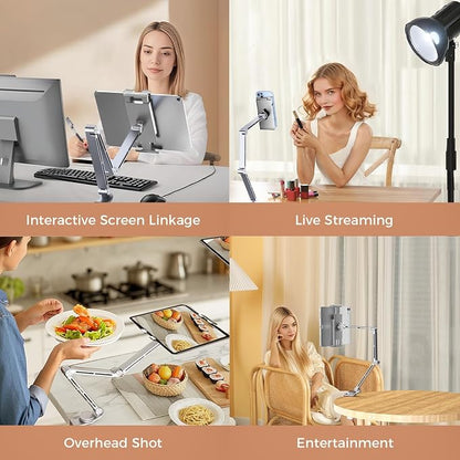 Tablet Stand Holder for Desk Aluminum Alloy Ipad Desk Mount Monitor with 360°Rotate Base, Adjustable&Foldable Tablet Arm for 4.7"-15.6" Screen Phone,Kindle,Fire HD,Monitor (Sliver)