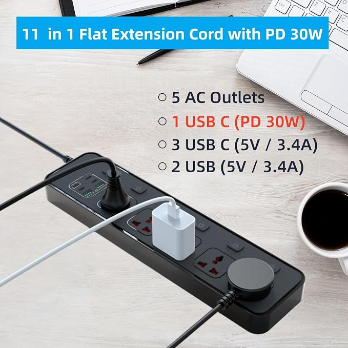 30W PD USB-C Fast Charging Power Strip,6 FT Extension Cord with Individual Outlet Switches, 5 Universal Sockets + 6 USB Ports, 110-240V 3000W Plug Adapter for Travel Home Office