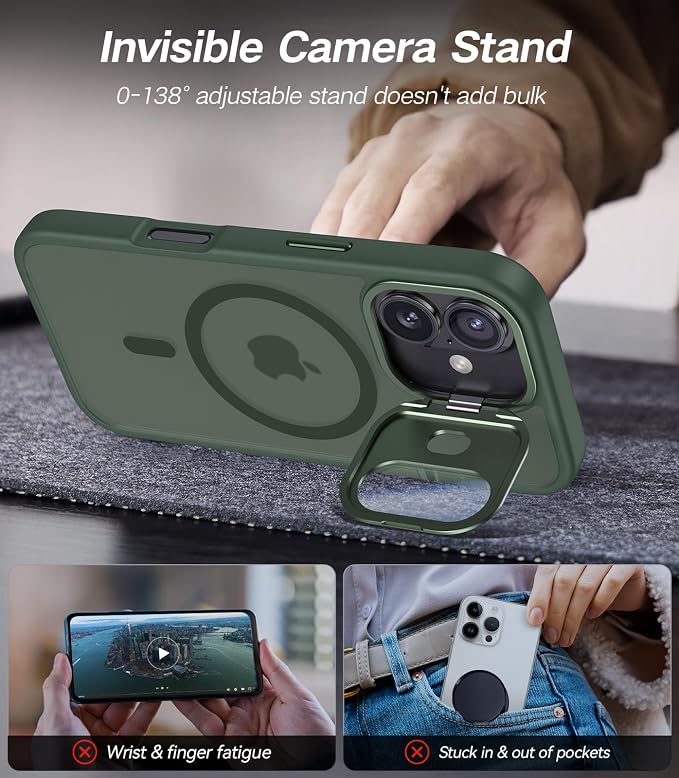 [Upgraded] for iPhone 16 Case with Camera Cover Stand [Fit for MagSafe][9H Camera Lens Protector] Mil-Grade Protection Translucent Matte Silicone Magnetic iPhone 16 Phone Case, Green