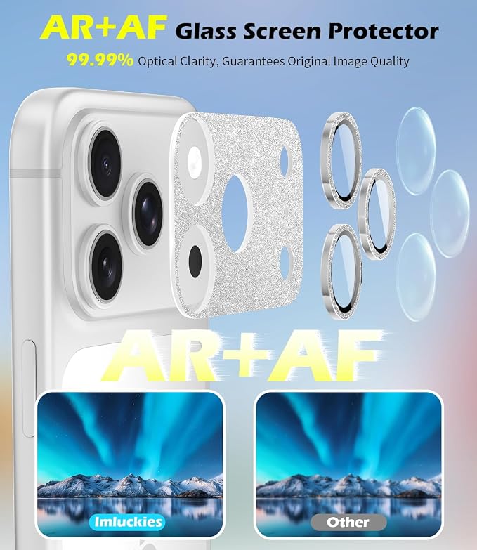 imluckies Compatible with iPhone 17 Pro Camera Lens Protector Bling, Ultra HD Tempered Glass Shiny Diamond Camera Plate Sparkle Screen Protection, 9H Anti-Scratch & Easy Install, Glitter Sliver