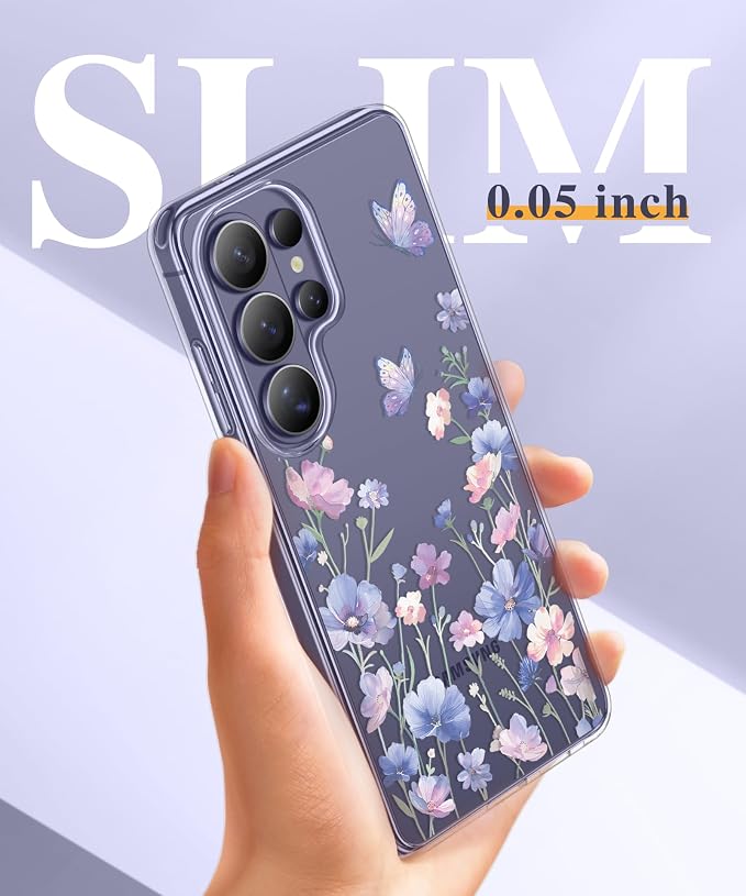 GVIEWIN for Samsung Galaxy S26 Ultra Case, Clear Floral Slim Shockproof Protective Women Phone Case, Non-Yellowing, with Screen Protector & Camera Lens Protector for S26 Ultra 6.9", Bloomwing/Blue