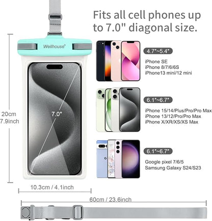 wellhouse Waterproof Phone Pouch, Waterproof Phone Case for iPhone17 16 15 14 13 Pro Max XS Samsung, IPX8 3D Cellphone Dry Bag Beach Essentials (2 Pack - Green & White7.0, 7 inch)