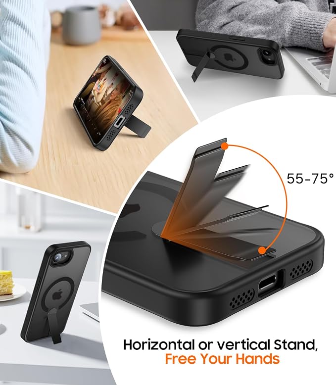 for iPhone 16e Case with Stand, Fit for MagSafe, Slim Translucent Matte Military-Grade Drop Protection Magnetic Kickstand Phone Cover, Black