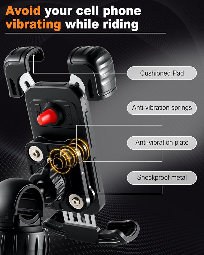 JUSTTOP Motorcycle Phone Mount Holder with Vibration Dampener and Upgraded Handlebar Clamp,Bike&Bicycle Phone Mount Holder,for iPhone 16 15 14 13 Pro Max Plus, 4.7-7"
