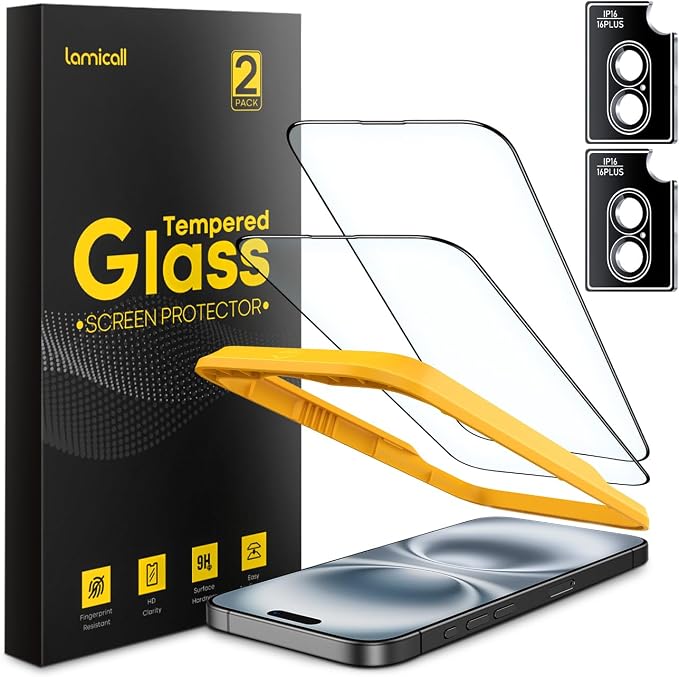 Lamicall 2+2 for iPhone 16 Screen Protector (6.1") with Camera Lens Protector, [Top 9H Tempered Glass Film], Easy Alignment Tool, Anti-Scratch, 0 Bubbles, HD Clear for iPhone 16 - [2-Pack Each]