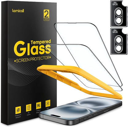 Lamicall 2+2 for iPhone 16 Screen Protector (6.1") with Camera Lens Protector, [Top 9H Tempered Glass Film], Easy Alignment Tool, Anti-Scratch, 0 Bubbles, HD Clear for iPhone 16 - [2-Pack Each]