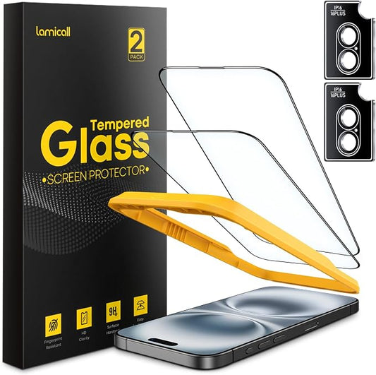 Lamicall 2+2 for iPhone 16 Screen Protector (6.1") with Camera Lens Protector, [Top 9H Tempered Glass Film], Easy Alignment Tool, Anti-Scratch, 0 Bubbles, HD Clear for iPhone 16 - [2-Pack Each]