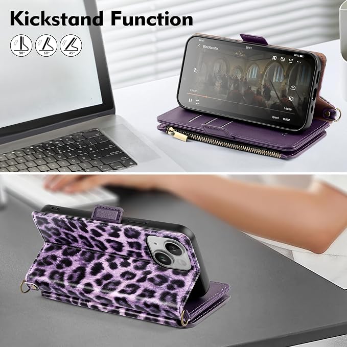 Antsturdy Compatible with iPhone 15 Wallet Case for Women【RFID Blocking】 Crossbody Phone Case PU Leather Zipper Wrist Strap Flip Cover Credit Card Holder Slots,for Apple 15 6.1",Leopard-Purple