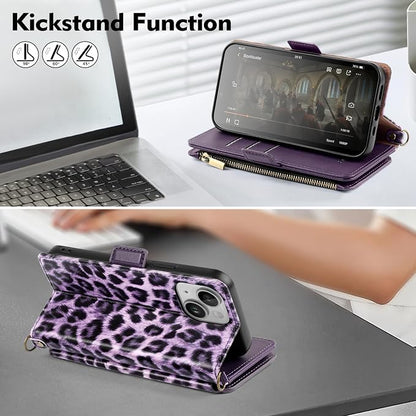 Antsturdy Compatible with iPhone 15 Wallet Case for Women【RFID Blocking】 Crossbody Phone Case PU Leather Zipper Wrist Strap Flip Cover Credit Card Holder Slots,for Apple 15 6.1",Leopard-Purple