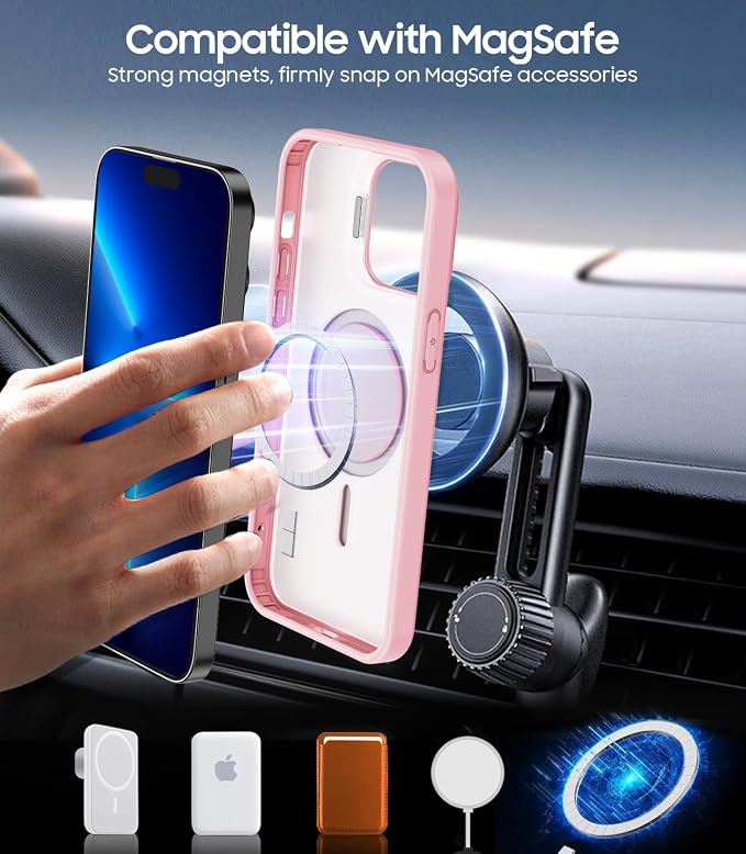 for iPhone 13 Pro Max Case, Compatible with MagSafe, Built-in Camera Ring Stand, with Individual Camera Cover, Translucent Matte Military-Grade Drop Protection Magnetic Case, Pink