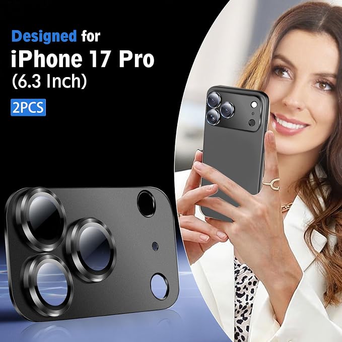 SiHPuoy 2 Pack Camera Lens Protector for iPhone 17 Pro Accessories, Metal Aluminum Alloy Tempered Glass Camera Protector, [Military Grade Shatterproof] [Case Friendly]-Black