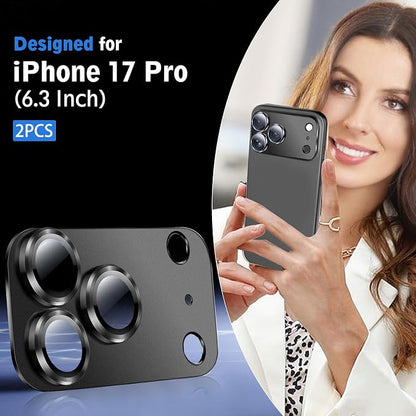 SiHPuoy 2 Pack Camera Lens Protector for iPhone 17 Pro Accessories, Metal Aluminum Alloy Tempered Glass Camera Protector, [Military Grade Shatterproof] [Case Friendly]-Black