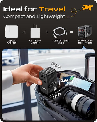 LENCENT 85W Universal Travel Adapter with Retractable USB C Cable, GaN | International Plug Adapter with 3 Type C&1 USB A Ports Fast Charging, Worldwide Outlet Converter for US to European EU UK AUS
