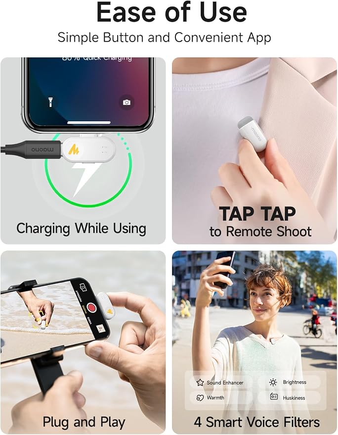 MAONO Wave T1 Mini Wireless Lavalier Microphone with USB-C Plug for iPhone 16 15, Android, Tablet, PC, Clip on Lapel Mic, Noise Cancellation, AI Voice Filter for Video Recording Vlog TikTok White