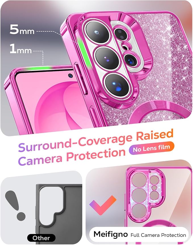 Meifigno Magnetic Case Designed for Samsung Galaxy S26 Ultra 6.9", [Compatible with MagSafe] [Removable Glitter Card & Wrist Strap], Surround Lens Protection Case for Galaxy S26 Ultra, Hot Pink