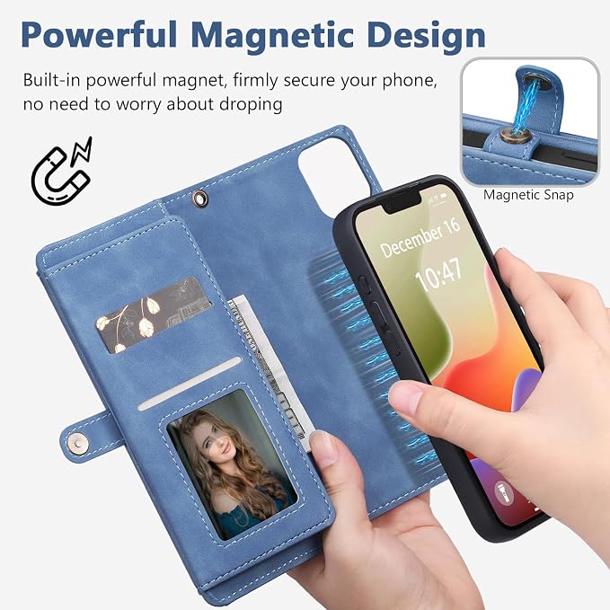 Wallet Case for iPhone 14 Plus with Card Holder/Crossbody Wallet/Strap| RFID Blocking | Magnetic | Kickstand | Detachable | PU Leather Phone Case for iPhone 14 Plus,6.7 in,Sky Blue