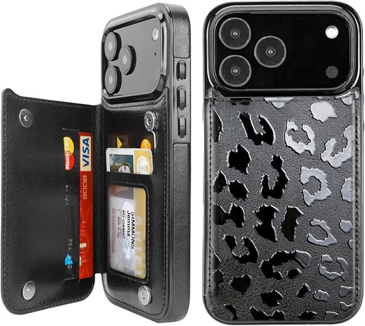 uCOLOR for iPhone 17 Pro Max Wallet Case with Card Holder PU Leather RFID Blocking Design iPhone 17 Pro Max flip case for Women Men Magnetic Clasp Kickstand Design 6.9 inch (Black Leopard)