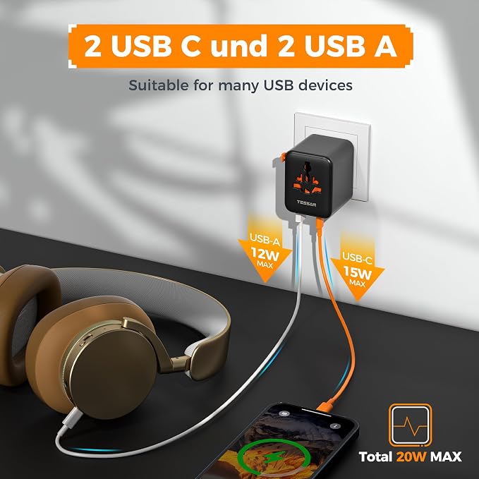 TESSAN Universal Travel Adapter, International Power Adapter | 4 USB Ports (2 USB C), US to Europe UK France Germany Spain Ireland Australia Japan, Type C G A I