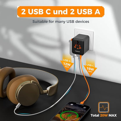 TESSAN Universal Travel Adapter, International Power Adapter | 4 USB Ports (2 USB C), US to Europe UK France Germany Spain Ireland Australia Japan, Type C G A I