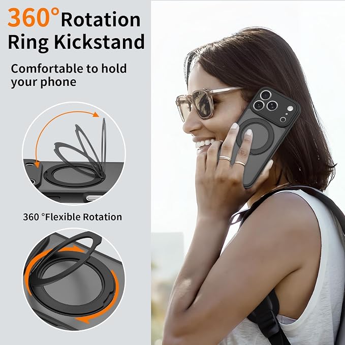 Magnetic iPhone Case [Compatible with MagSafe], Shockproof Translucent Matte Phone Case for iPhone 17 Pro Max, iPhone 17 Pro (with 360° Rotatable Ring Holder Stand) (Black, iPhone 17 Pro)