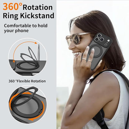 Magnetic iPhone Case [Compatible with MagSafe], Shockproof Translucent Matte Phone Case for iPhone 17 Pro Max, iPhone 17 Pro (with 360° Rotatable Ring Holder Stand) (Black, iPhone 17 Pro)