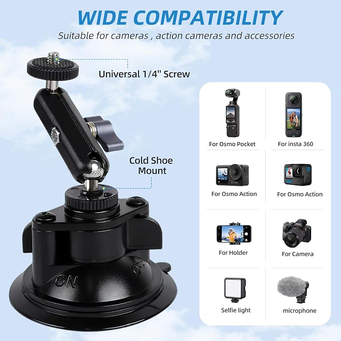 OmniMaster Suction Cup Mount for DJI Osmo Pocket 3, Action, GoPro, Insta360, Phones, Car Windshield Camera Holder DJI GoPro Insta360 Phone Accessories Selfie Lights, Microphones